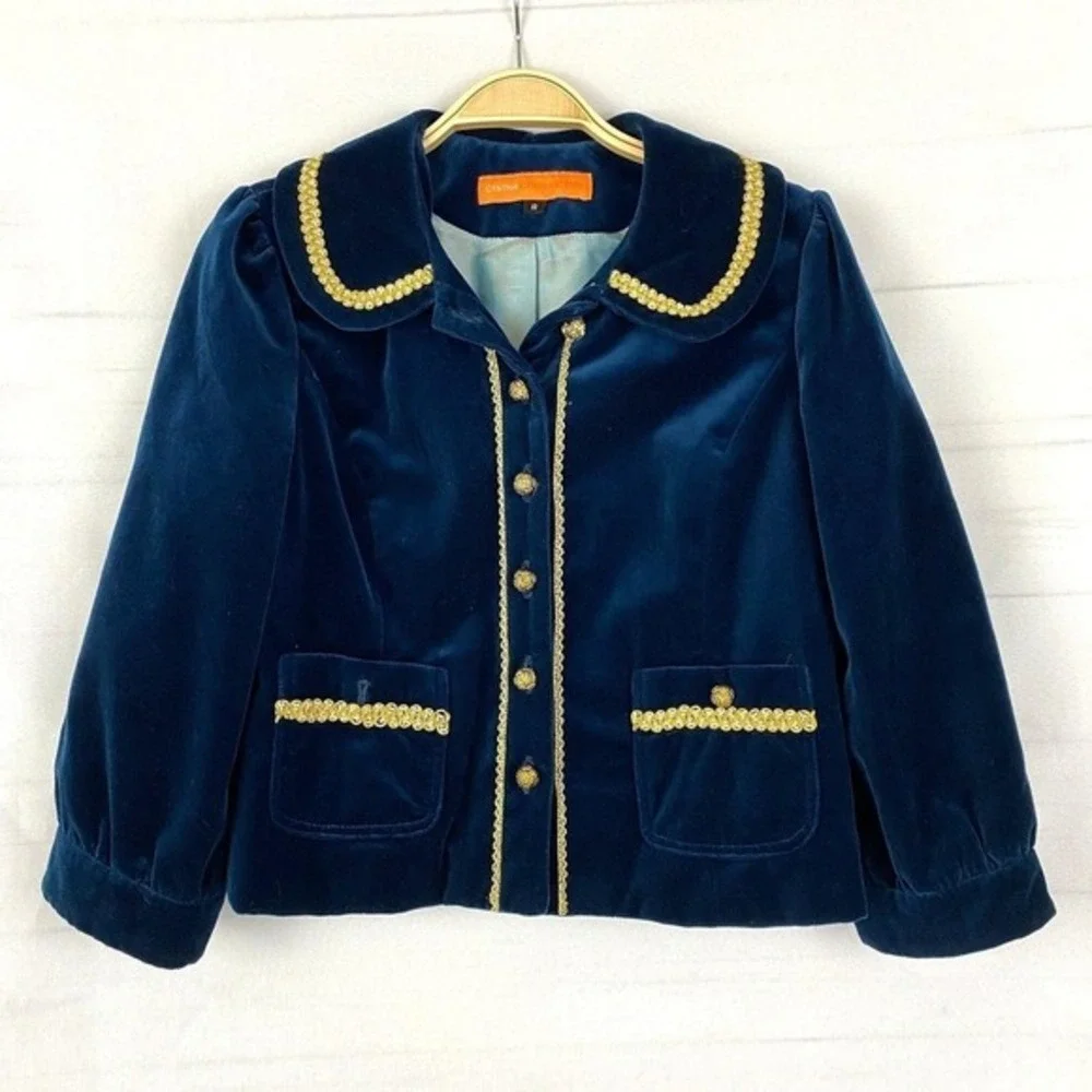 VTG Cynthia Steffe Velvet Renaissance Cropped Blazer Women 8 Blue Royal Medieval